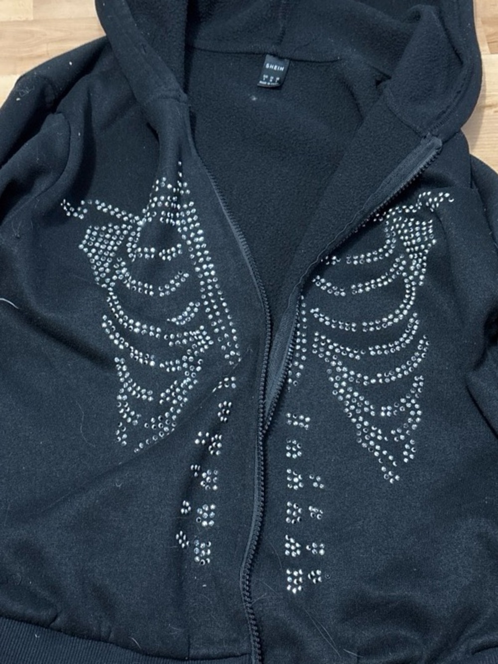 SHEIN Black Rhinestone Skeleton Wing Zip Hoodie